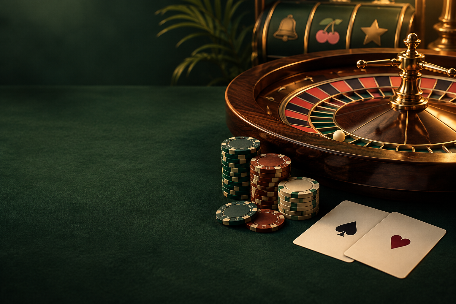 Ilustrasi meja roulette dengan kartu dan keping kasino