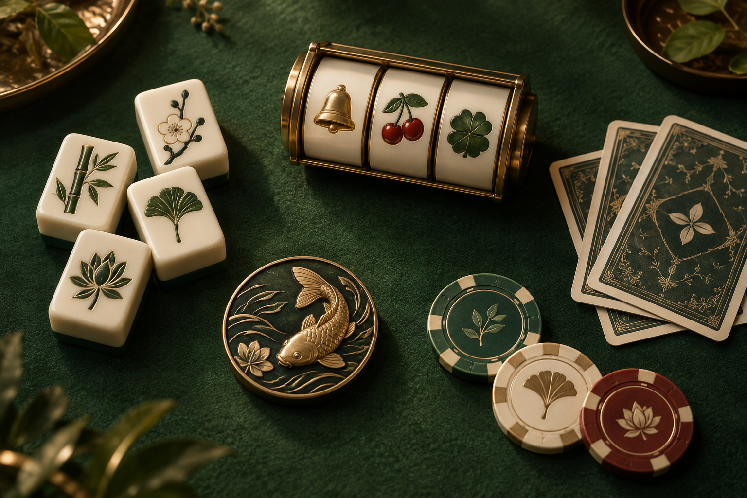 Ilustrasi gulungan slot, kartu, ubin permainan dan keping di meja hijau